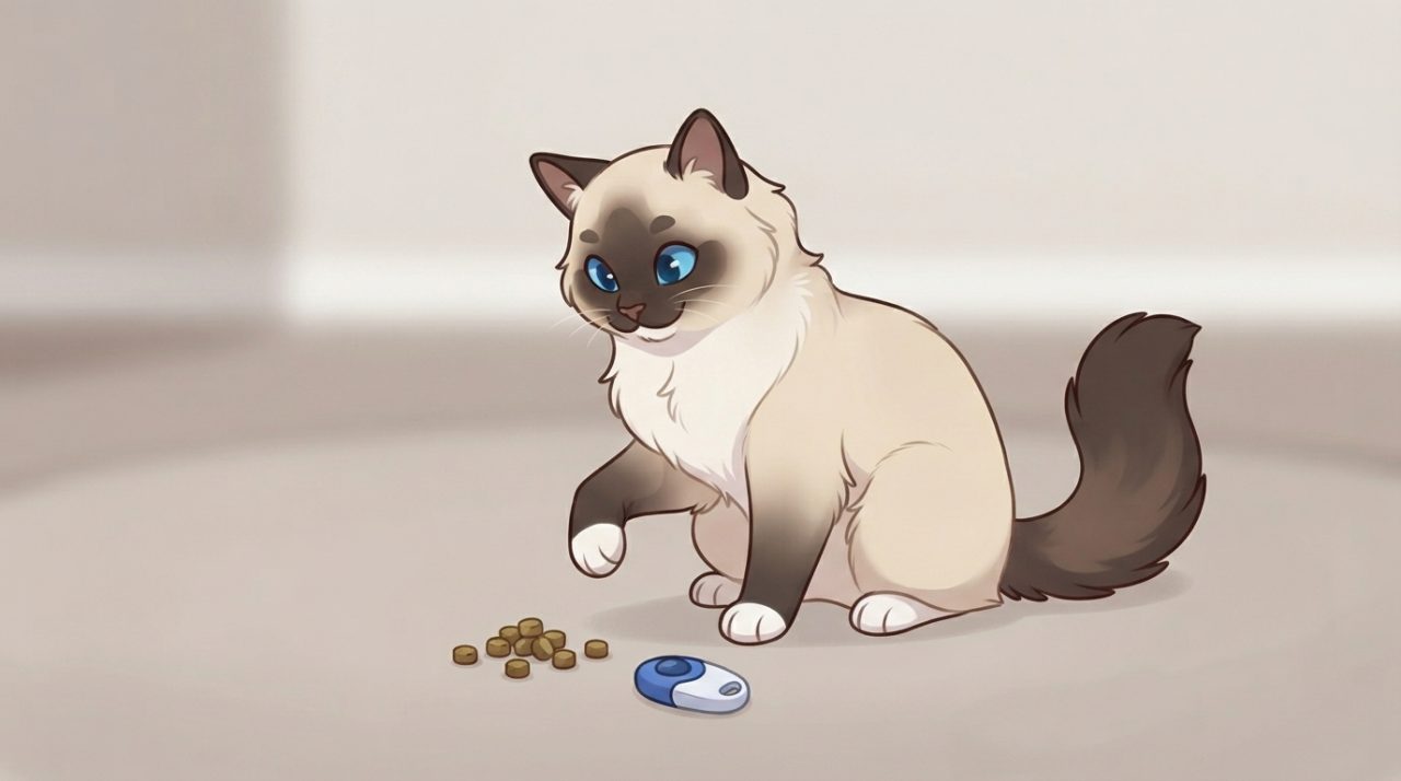 An illustrated Ragdoll cat sitting on the floor next to a blue clicker device and a small pile of treats, looking focused.