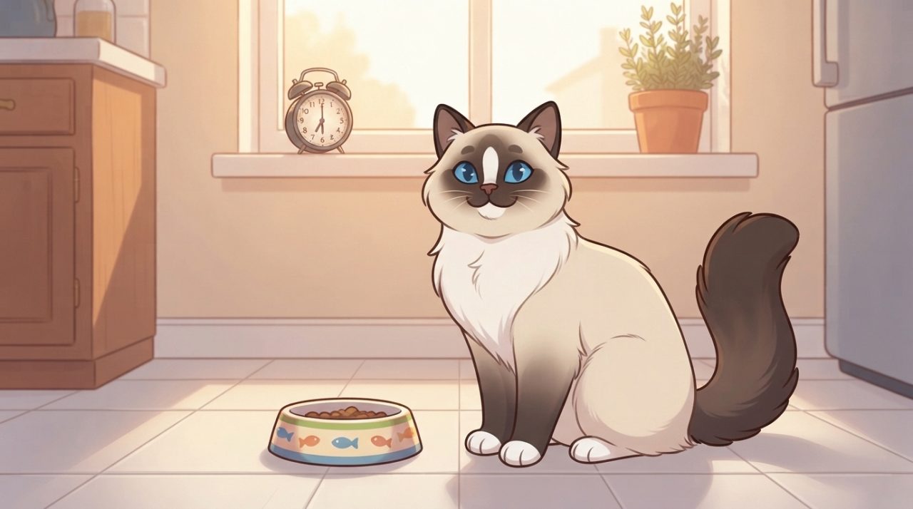 An illustrated Ragdoll cat sitting patiently next to its food bowl in a kitchen with a clock in the background.
