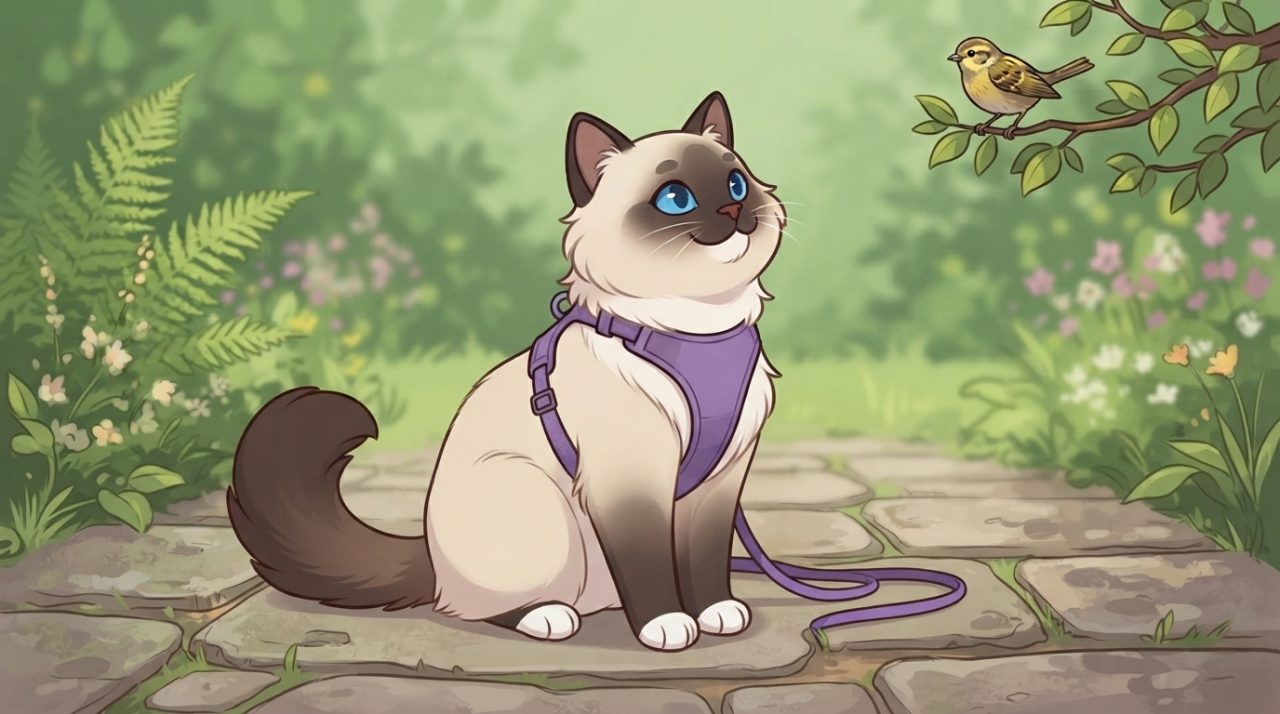 A Ragdoll cat wearing a purple harness sitting on a stone garden path and looking up at a small bird on a tree branch.
