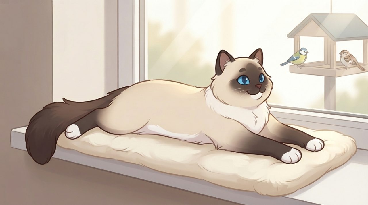 An illustrated seal point Ragdoll cat lying fully stretched on a plush window perch cushion, watching birds at an outdoor feeder.