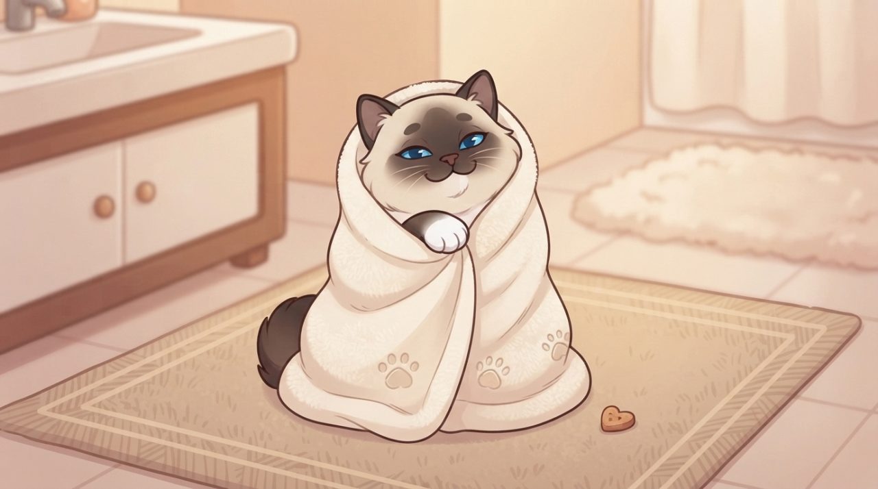 A cozy Ragdoll cat wrapped securely in a fluffy white towel with paw prints on a bathroom floor rug.