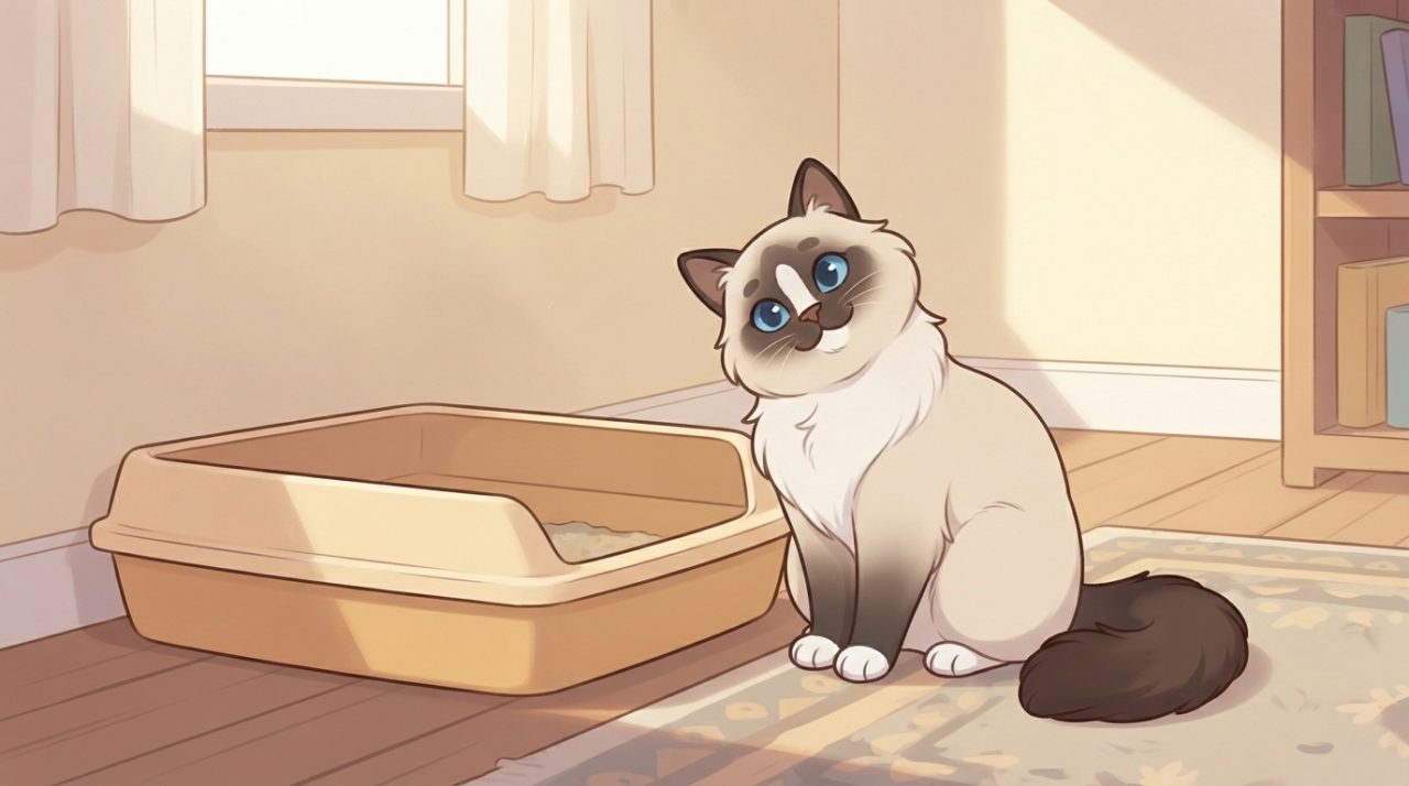 A cute Ragdoll kitten sitting next to a low-sided open litter box on a patterned rug in a sunlit room.