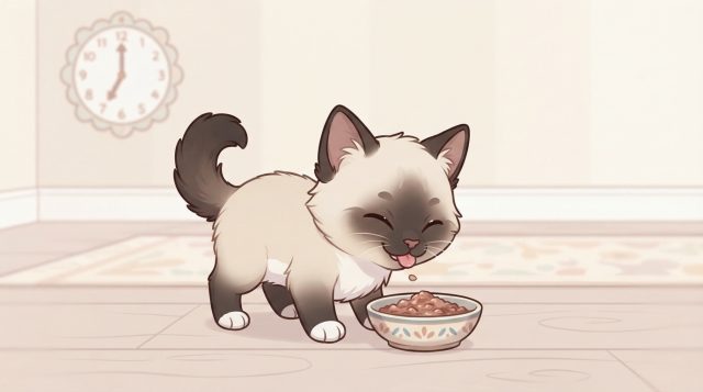A cute illustrated Ragdoll kitten happily eating food from a small patterned bowl with its tongue sticking out.
