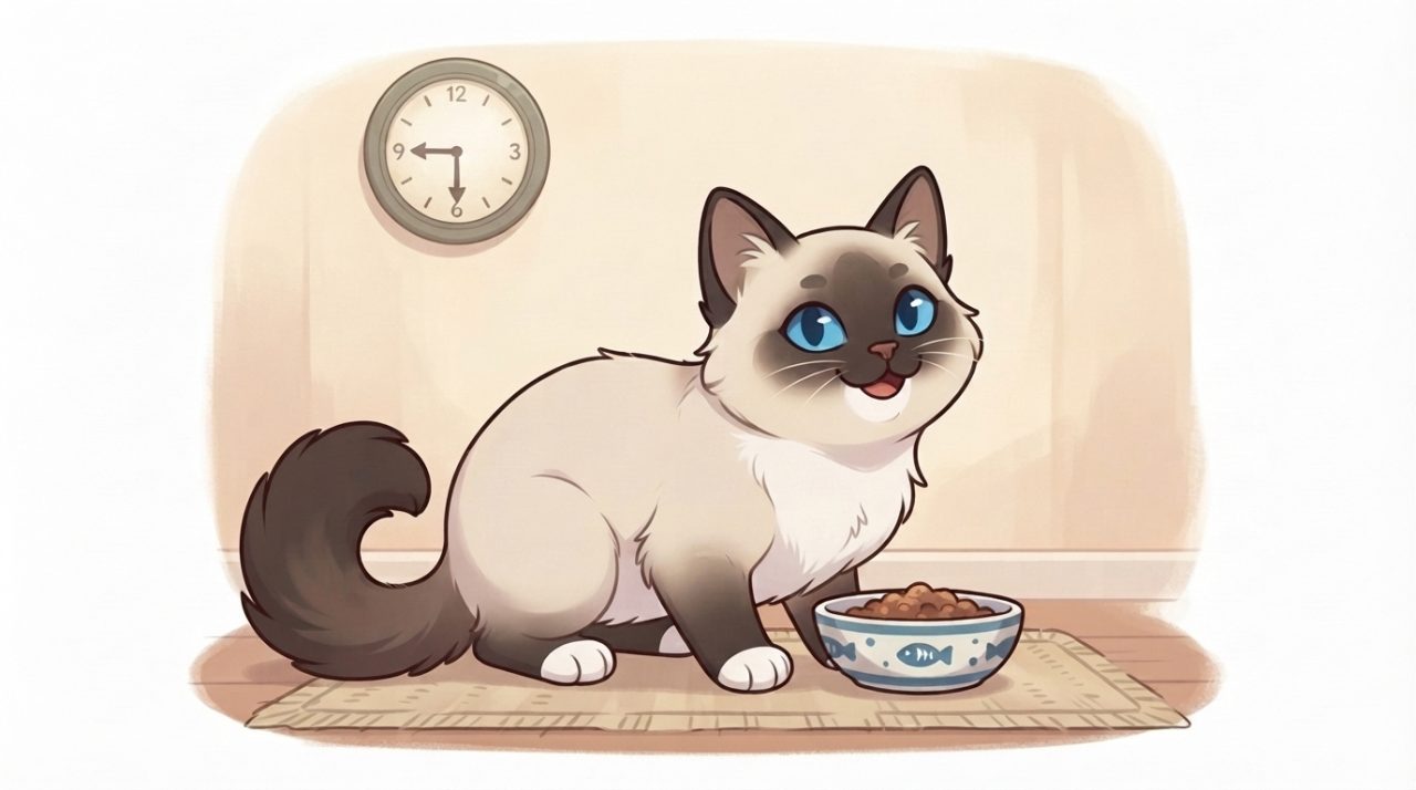 Ragdoll kitten eating from a small bowl on a scheduled feeding routine