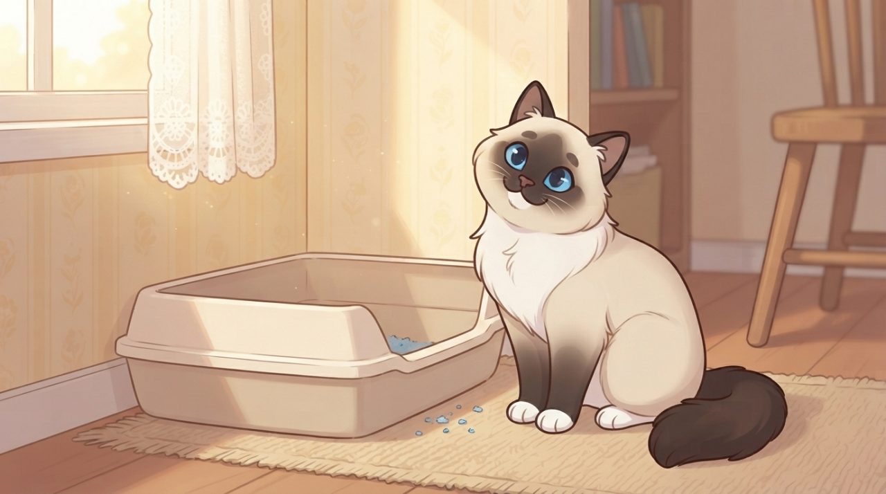 A cute Ragdoll kitten sitting next to an open beige litter box on a rug near a sunlit window.