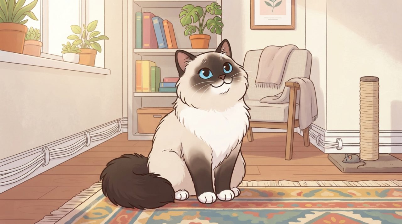 A cute Ragdoll kitten sitting calmly on a colorful rug in a cat-proofed living room featuring cord clips along the baseboards, secured furniture, and a scratching post.