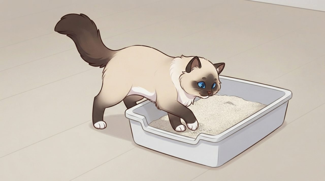 A fluffy Ragdoll kitten stepping into an open litter box and sniffing the litter.