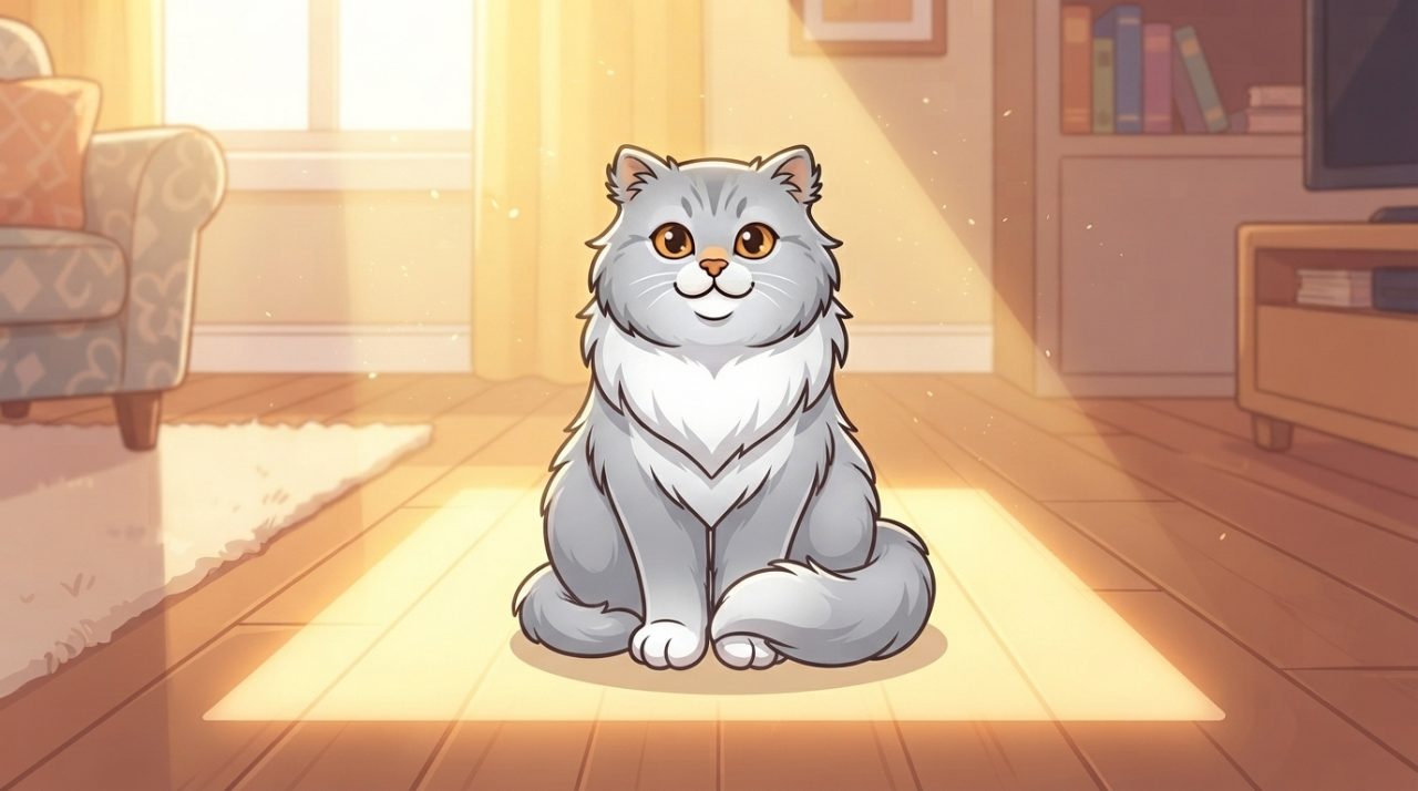 An illustration of a fluffy grey-and-white Persian cat sitting upright and regal in a square of morning sunlight on a living room floor.