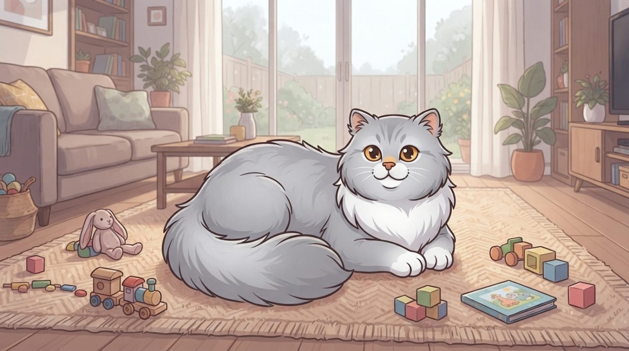 A fluffy grey and white Persian cat lying comfortably on a woven rug surrounded by children's toys in a sunlit living room.