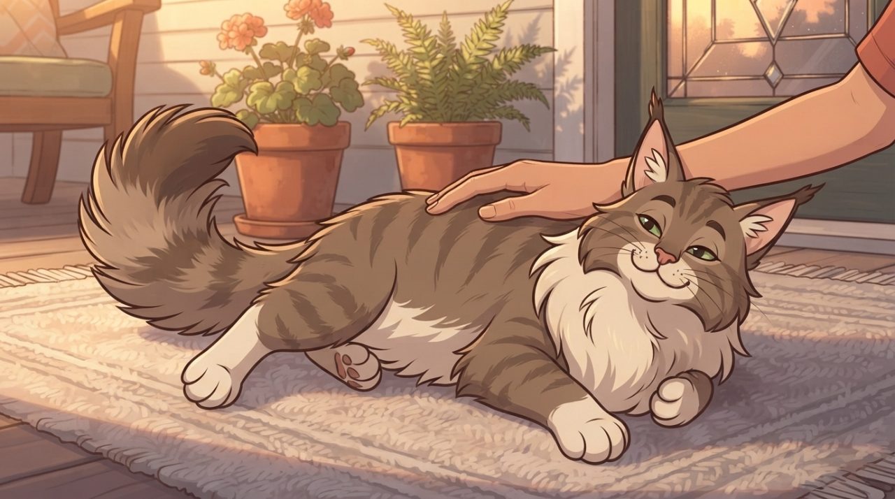 A happy brown tabby Maine Coon cat lying comfortably on a porch rug while being petted gently by a person.
