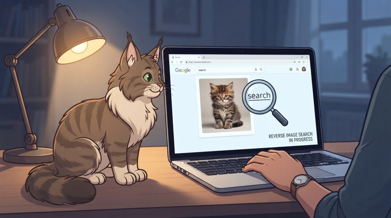 A fluffy brown Maine Coon cat sitting beside a laptop showing a Google reverse image search of a kitten to spot online scams.