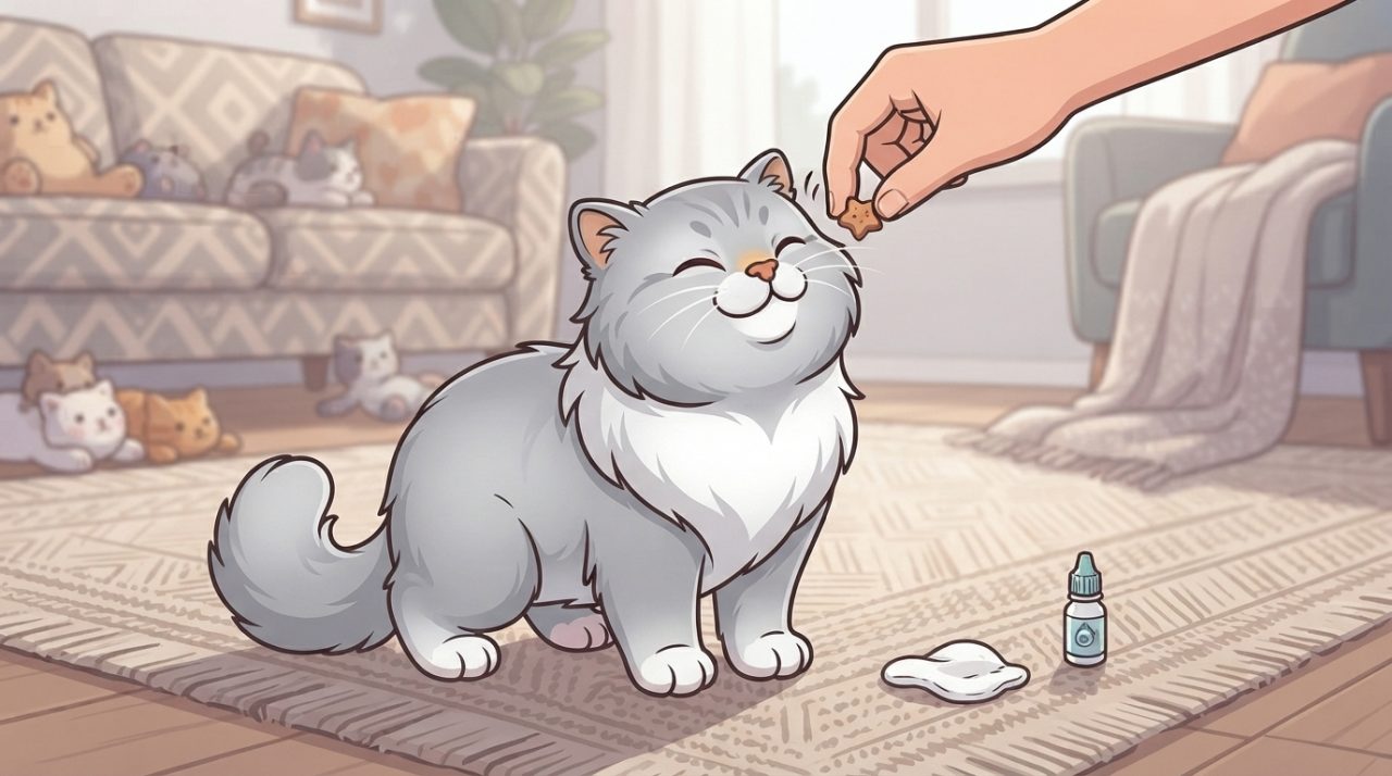 Happy grey Persian cat receiving a treat from a person after completing its eye-cleaning routine.