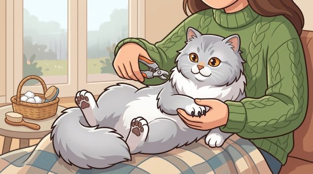 A person in a green sweater trimming the claws of a fluffy grey-and-white Persian cat resting comfortably on their lap.