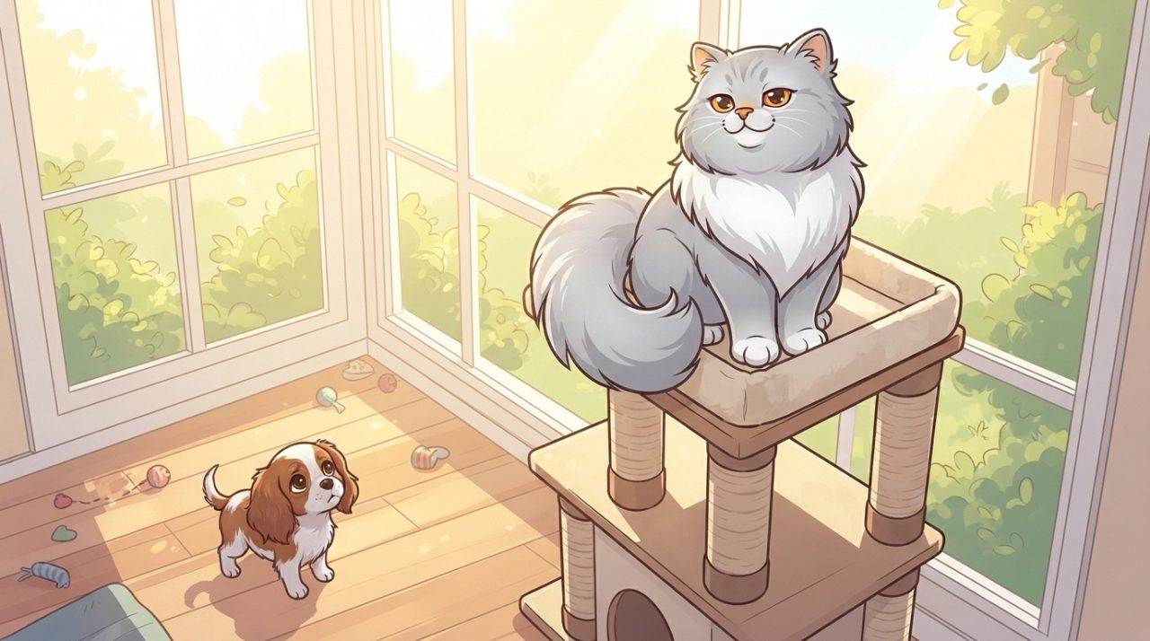 A fluffy grey Persian cat sitting securely on the top platform of a tall cat tree, looking down at a small Cavalier King Charles Spaniel dog in a sunlit room.