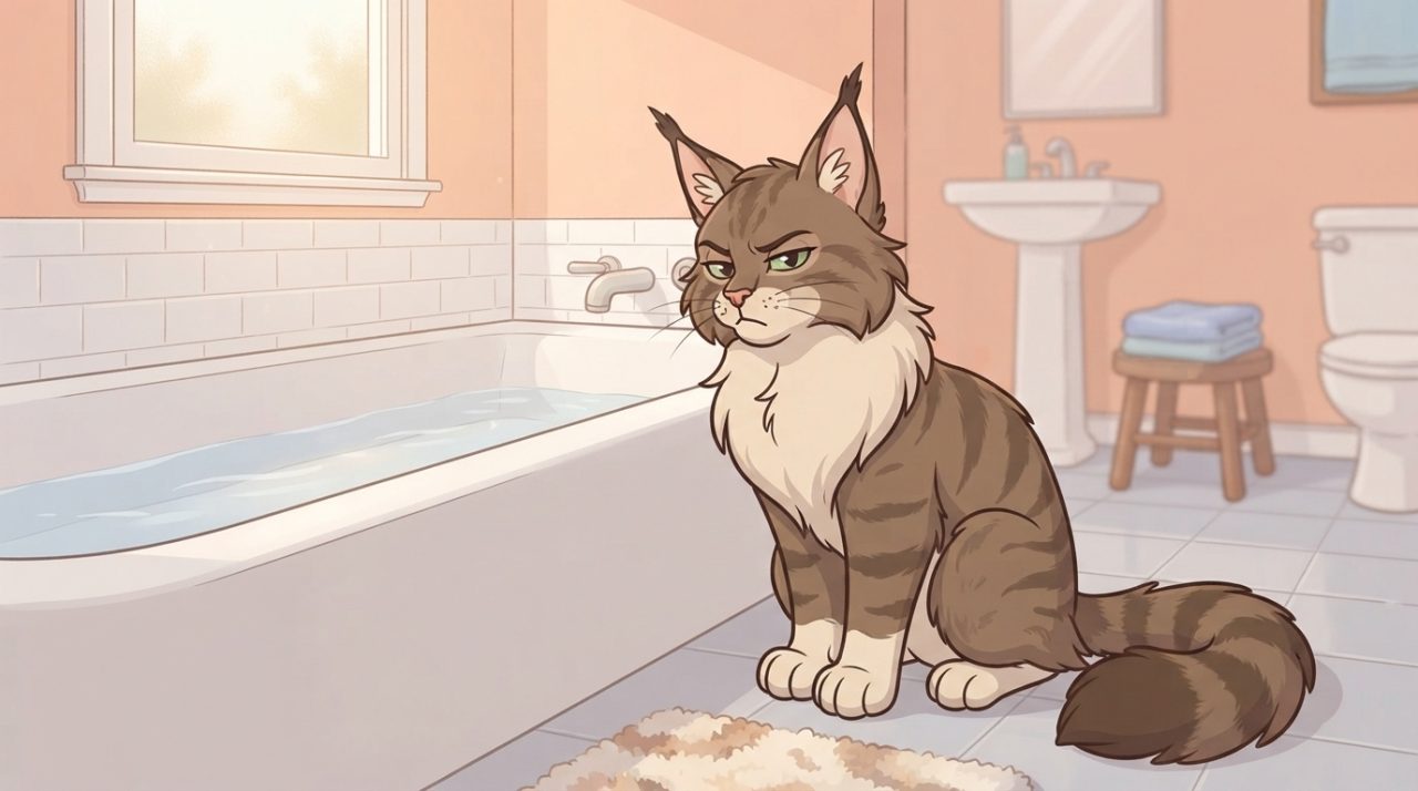 Cartoon Maine Coon cat sitting next to a bathtub full of water, giving a skeptical and unimpressed look before bath time
