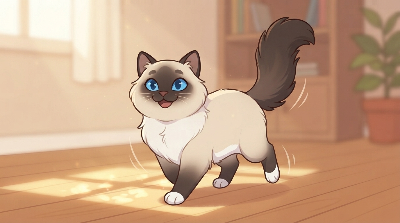 An illustrated Ragdoll cat happily trotting across a wooden floor in a cozy living room