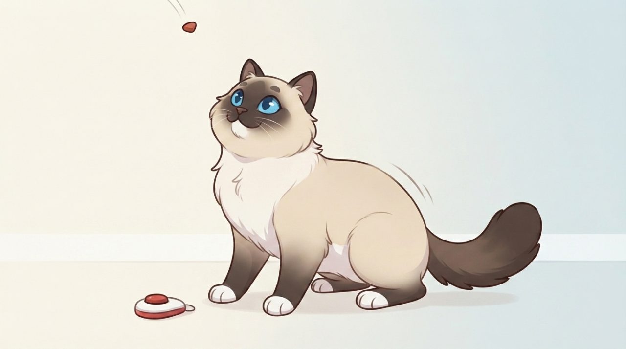 A Ragdoll cat sitting attentively looking up at a treat falling through the air with a clicker nearby