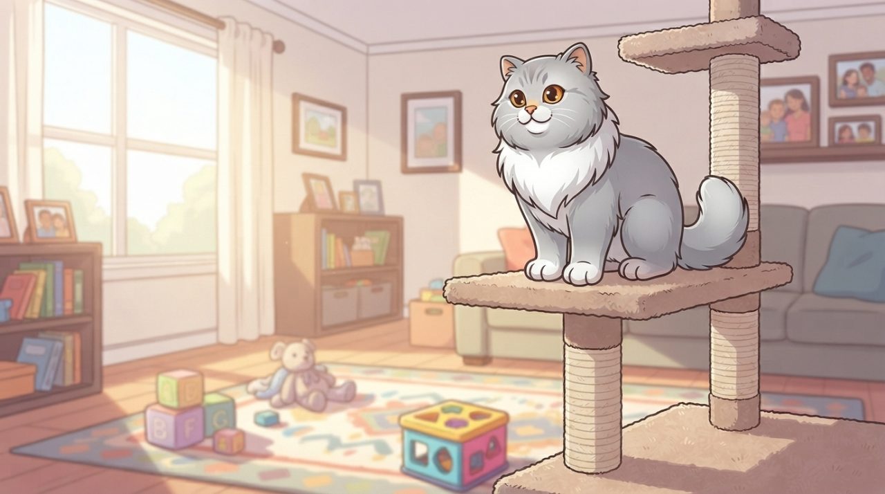 A cute gray and white Persian cat sitting majestically on a carpeted cat tree inside a sunlit child's playroom.