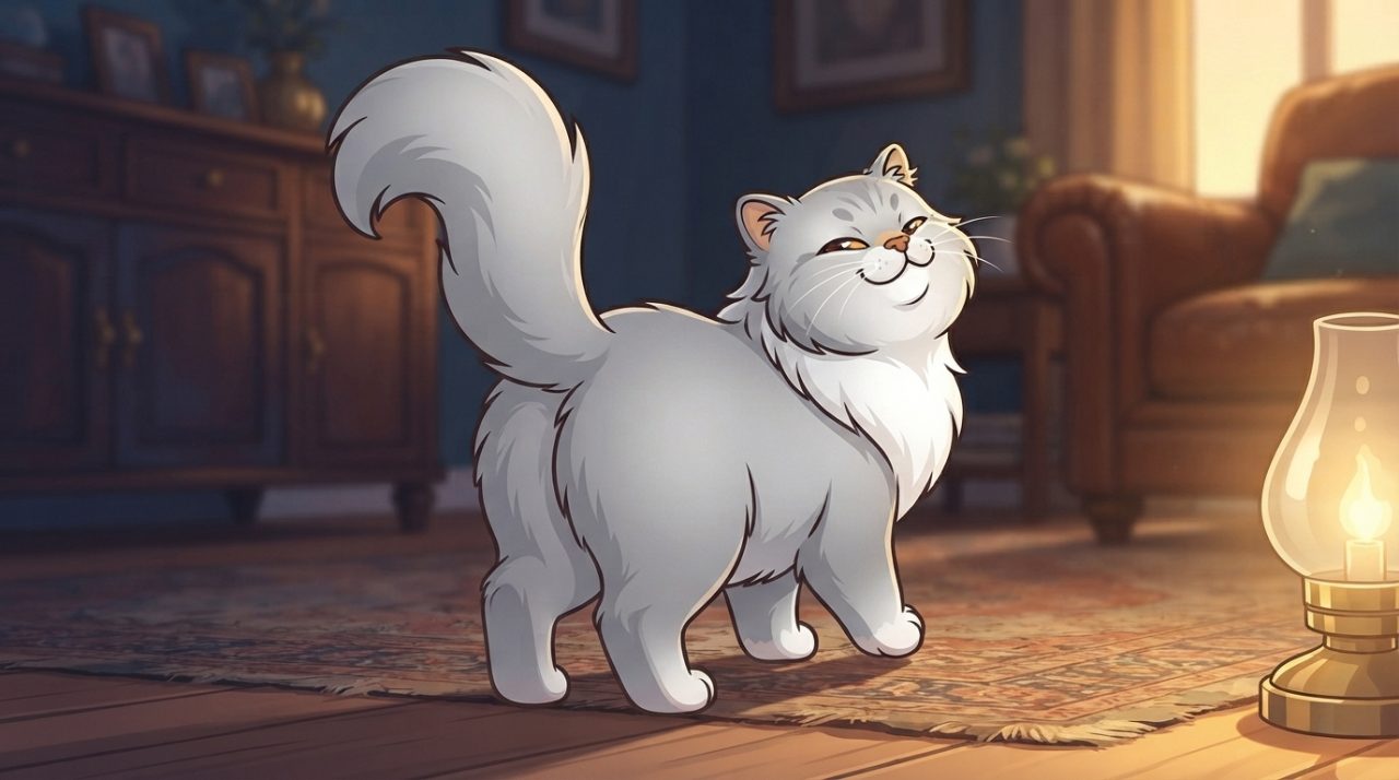A fluffy gray Persian cat looking back over its shoulder with a cheerful expression in a cozy living room.