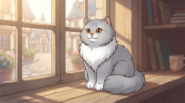 A fluffy gray and white Persian cat with amber eyes sitting upright and regal on a sunlit wooden windowsill overlooking a cozy European village square.