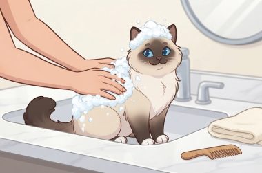 A person washing a fluffy Ragdoll cat covered in soap suds inside a bathroom sink, with a towel and comb nearby.