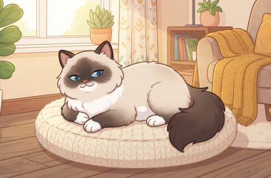 A fluffy seal-point Ragdoll cat relaxing comfortably on a round cushioned pet bed in a warm, sunlit living room.