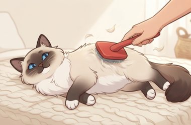 A person gently brushing a relaxed seal point Ragdoll cat lying on a white knit blanket.