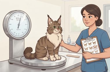 A fluffy brown and white Maine Coon cat sitting on a scale at a veterinary clinic while a female vet holds a feline Body Condition Chart.
