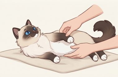 A seal-point Ragdoll cat lying comfortably on its back on a light-colored mat while a person gently checks its soft belly fur for tangles.