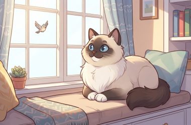 A fluffy Ragdoll cat sitting on a cozy window perch, looking intently at a small bird outside the window.