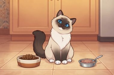 An illustrated Ragdoll cat sitting on a kitchen floor between a bowl of dry kibble and a bowl of wet food with a spoon.