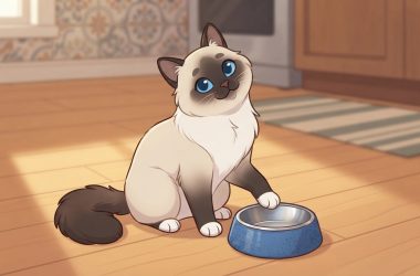 Ragdoll cat named Milo sitting beside an empty food bowl looking hungry