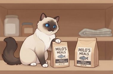 A cute Seal Point Ragdoll cat sitting on a shelf next to bags of premium cat food labeled Milo's Meals.