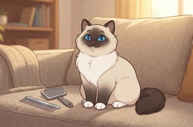 A fluffy seal-point Ragdoll cat sitting on a beige sofa next to a slicker brush and a metal grooming comb.