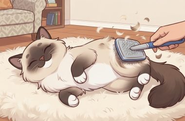 A happy Ragdoll cat lying on its back on a fluffy white rug while being brushed with a slicker brush to remove loose fur.