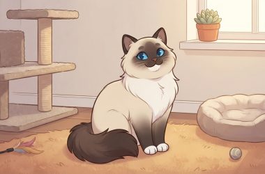 An illustrated Ragdoll cat sitting proudly in a cozy, sunlit room featuring a cat tree, plush pet bed, and a toy wand.