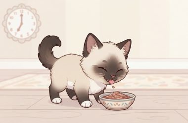 A cute illustrated Ragdoll kitten happily eating food from a small patterned bowl with its tongue sticking out.