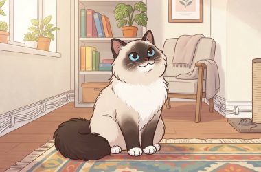 A cute Ragdoll kitten sitting calmly on a colorful rug in a cat-proofed living room featuring cord clips along the baseboards, secured furniture, and a scratching post.
