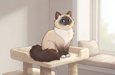 A fluffy Ragdoll cat sitting on a plush cat tree near a sunny window in a safe indoor home environment.